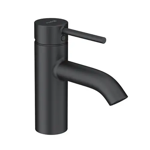 Schwarzer Waschtischarmatur von Kludi mit einem schlanken, runden Design und einem Hebel zur Wasserregulierung. Auslauf mit leicht geneigter Form.